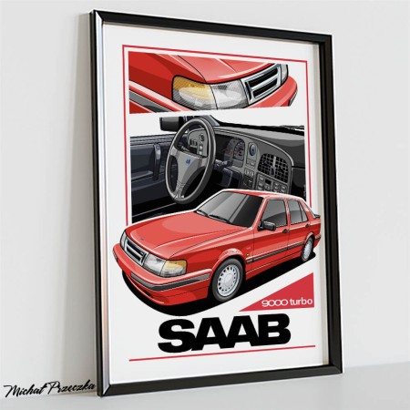 Saab 900 Turbo czerwony plakat z samochodem