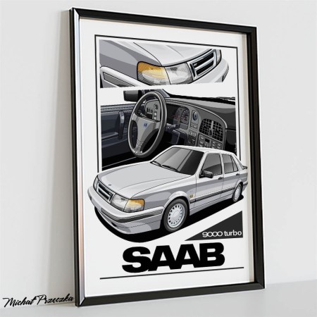 Saab 900 Turbo srebrny plakat z samochodem