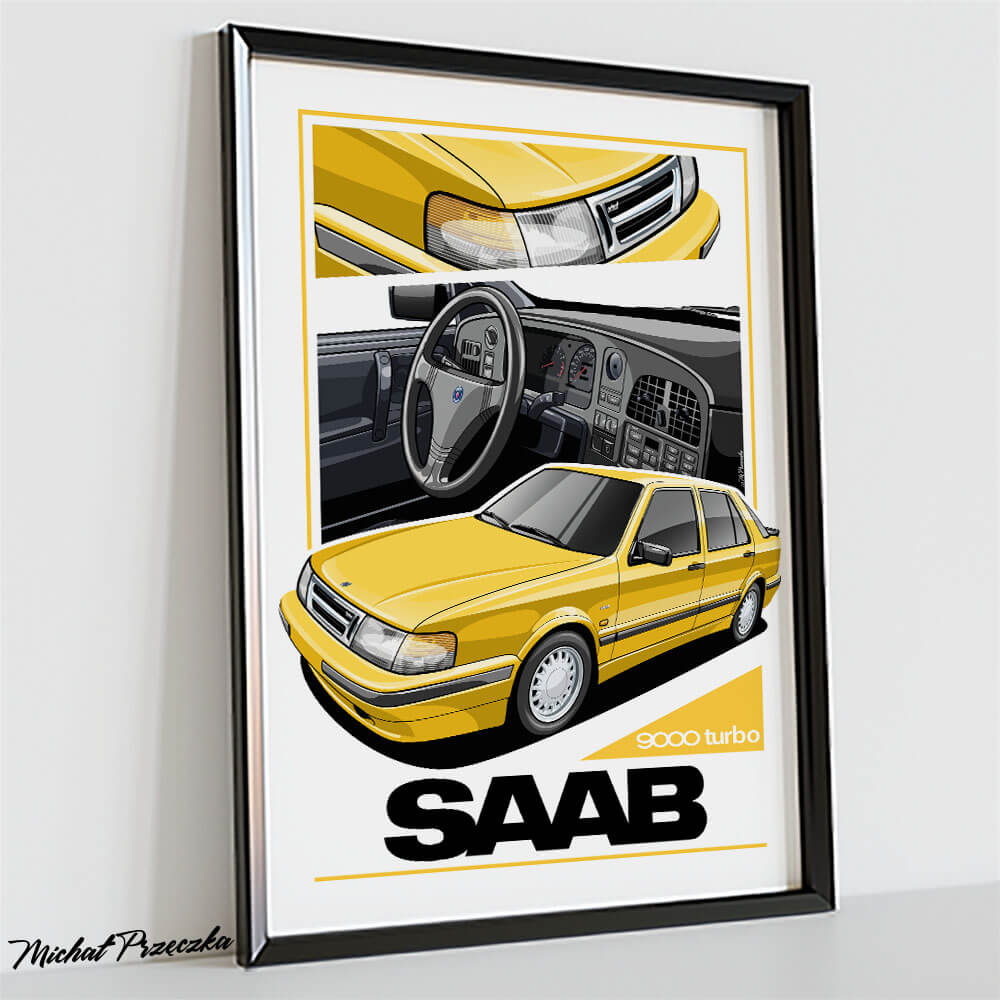 Saab 900 Turbo żółty plakat z samochodem